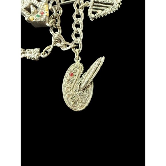 Vintage Silver-Tone Link Chain 9 Filigree Gem Charm Bracelet 7.5” - Picture 12 of 14